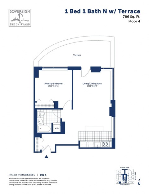 Floor plan for 1 bed, 1 bath, 786 sqft